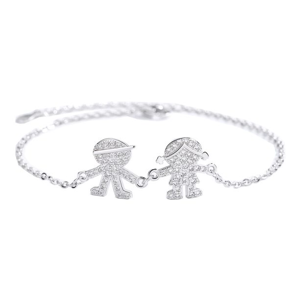 Sterling Silver Diamond-Set Bracelet for Boys & Girls, Personalized Couple Jewelry, Trendy Silver Hand Chain