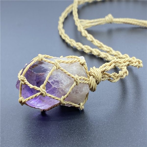 Handmade Vintage Crystal Raw Stone Raw Amethyst Citrine Fluorite Braided Necklace Pendant Mesh Pocket Raw - 图片 4