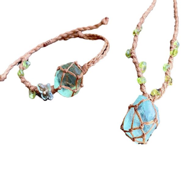 Fluorite Raw Stone Woven Mesh Bag Bracelet Necklace, Hand-Woven Rattan Forest Series - 图片 5