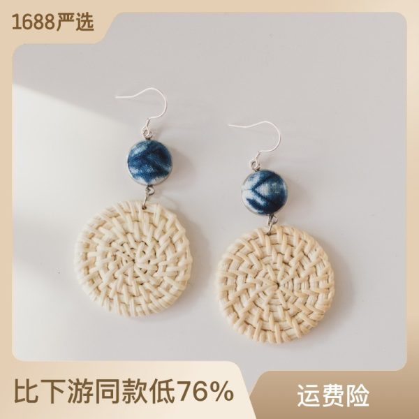 Vine woven grass woven round handmade blue dyed earrings, goddess earrings, Bohemian retro ethnic style s925 silver needle - 图片 2