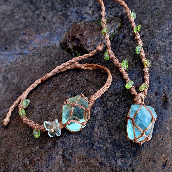 Fluorite Raw Stone Woven Mesh Bag Bracelet Necklace, Hand-Woven Rattan Forest Series