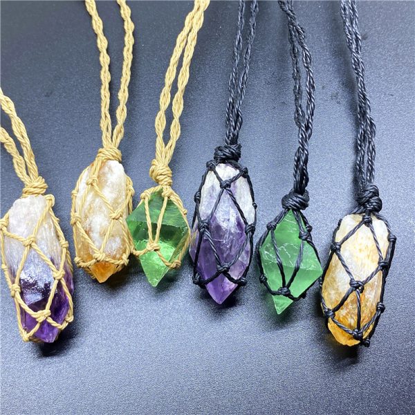 Handmade Vintage Crystal Raw Stone Raw Amethyst Citrine Fluorite Braided Necklace Pendant Mesh Pocket Raw - 图片 2