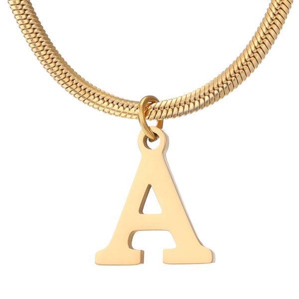 Hot selling stainless steel 26 letter pendant, flat snake bone necklace, gold personalized stainless steel necklace - 图片 5