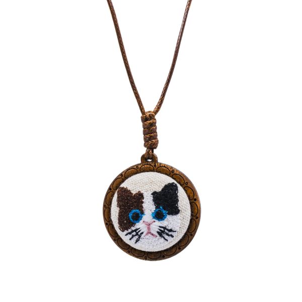 Cute cat face, cute embroidery pendant, wooden carving necklace pendant, artistic sweater chain, small and fresh girl adjustable gift - 图片 5