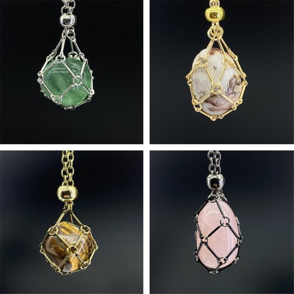 Natural Crystal Raw Stone Mesh Bag Metal Bamboo Necklace Weaving Pendant Adjustment Chain Mesh Bag Pendant Rope