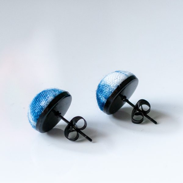 Blue dye tie dye handmade jewelry, stainless steel needle earrings, gold round bean earrings, ethnic retro artistic women - 图片 3