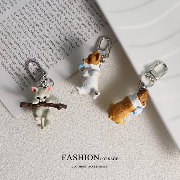 Cartoon Cute 3D 3D corgi Branch Cat Key Chain Resin Doll Pendant Couple Friend Gift Jewelry - Image 2