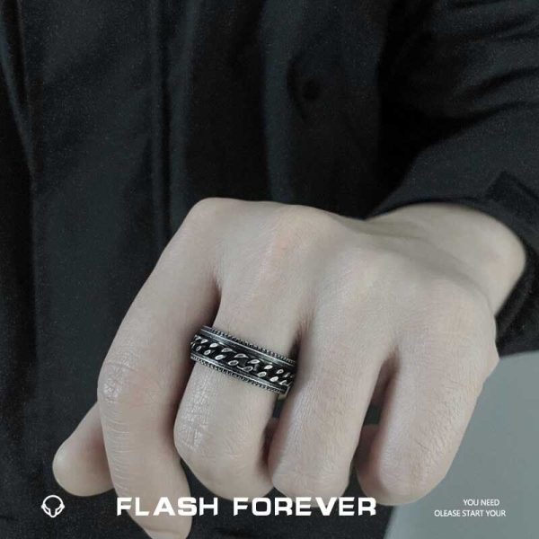 FLASHFOREVER European and American retro rotatable chain ring for boys and girls, vintage silver titanium steel jewelry - 图片 3