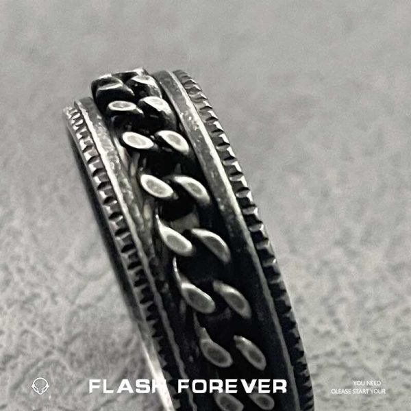 FLASHFOREVER European and American retro rotatable chain ring for boys and girls, vintage silver titanium steel jewelry - 图片 4