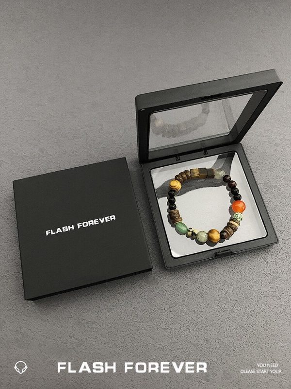 FLASHFOREVER ethnic style handmade colorful glass bead bracelet, niche for both men and women. Coconut shell elastic rope, elastic/16-23cm, can be worn on the wrist - 图片 2