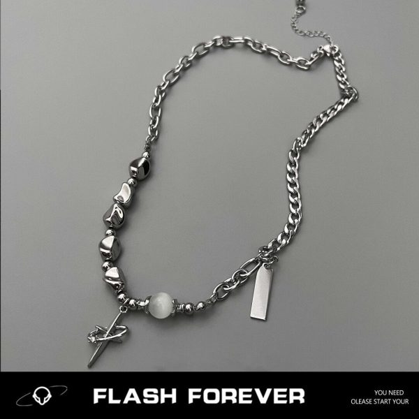 FLASHFOREVER Surround Cross Star Cat Eye Stone Irregular Necklace for Men and Women's Niche Ins Luxury Accessories