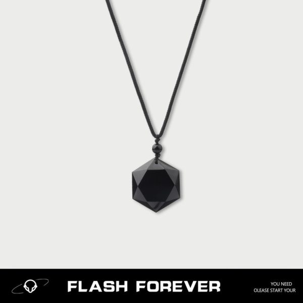 FLASHFOREVER Handmade Natural Hexagram Obsidian Necklace Men's and Women's Woven Hanging Rope Pendant