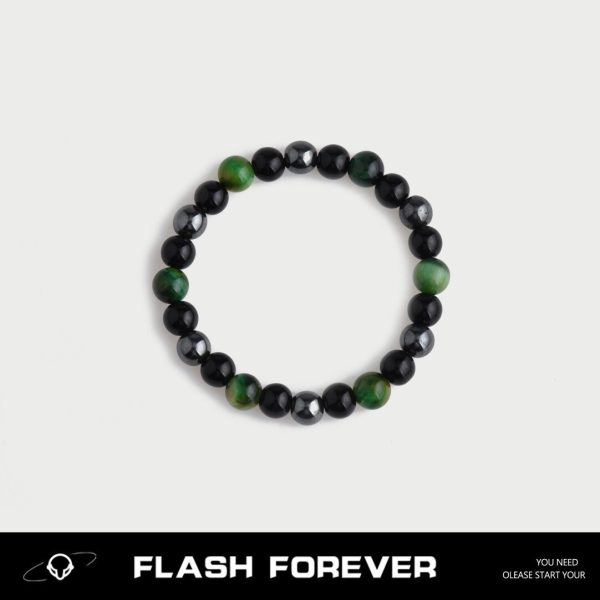 FLASHFOREVER Green Tiger Eye Stone Splicing Bracelet Men's and Women's Black Gallstone Elastic Rope Bracelet Couple Accessories