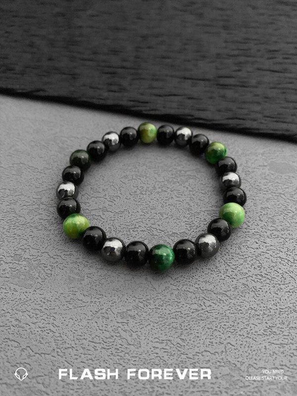 FLASHFOREVER Green Tiger Eye Stone Splicing Bracelet Men's and Women's Black Gallstone Elastic Rope Bracelet Couple Accessories - 图片 3