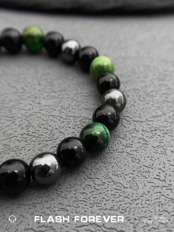 FLASHFOREVER Green Tiger Eye Stone Splicing Bracelet Men's and Women's Black Gallstone Elastic Rope Bracelet Couple Accessories - 图片 5