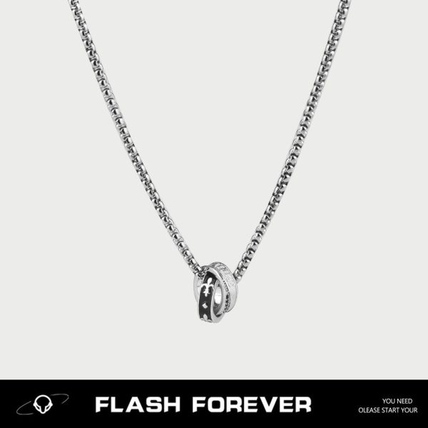 FLASHFOREVER Black and White Clover Alphabet Double Ring Necklace, Light Luxury, Niche Ins, High End, Male and Female Trendy