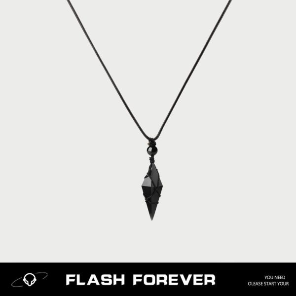 FLASHFOREVER Natural Obsidian Three Dimensional Diamond Necklace for Male and Female Students, High Grade Knitted Hanging Rope Jewelry