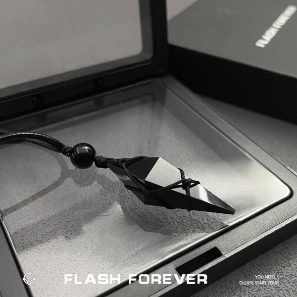 FLASHFOREVER Natural Obsidian Three Dimensional Diamond Necklace for Male and Female Students, High Grade Knitted Hanging Rope Jewelry - 图片 5