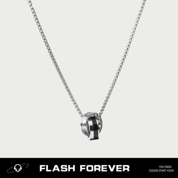 FLASHFOREVER Titanium Steel Minimally Mosaic Double Ring Necklace for Male and Female Niche Sweater Chains Don't Fade Trendy