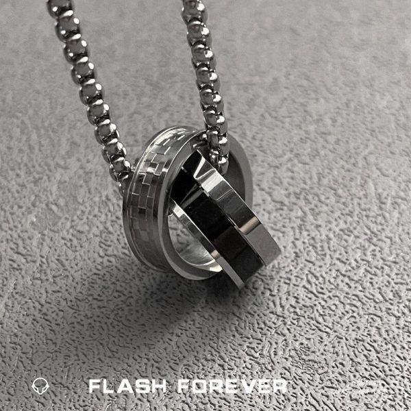 FLASHFOREVER Titanium Steel Minimally Mosaic Double Ring Necklace for Male and Female Niche Sweater Chains Don't Fade Trendy - 图片 4