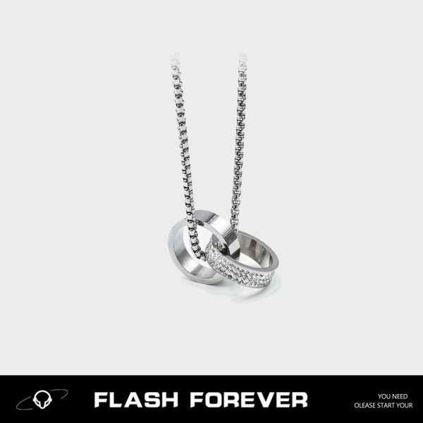 FLASHFOREVER Handsome Double Ring Diamond Set Ring Necklace Men's Trendy American High Street Ins Couple Hip Hop Accessories