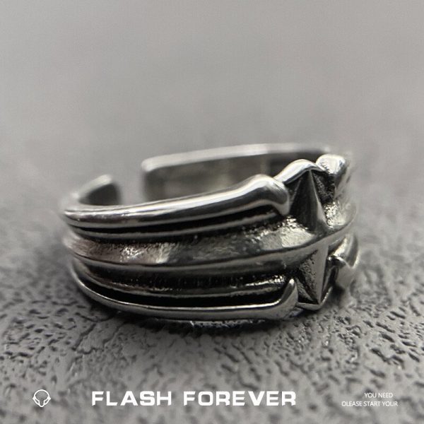 FLASHFOREVER Retro "Lonely Star" Personalized Ring with Adjustable Opening for Male and Female Students Hip Hop Design Ring - 图片 4