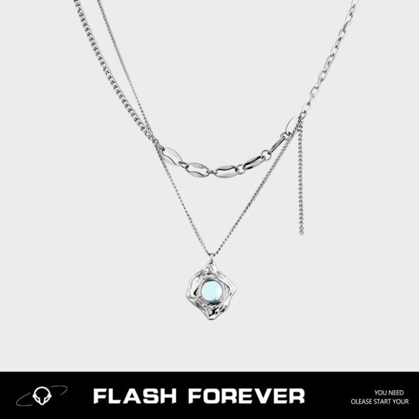 FLASHFOREVER niche design double-layer stacked lake eye necklace for men's fashion ins high-end titanium steel with chain length of 47+5cm and extended chain