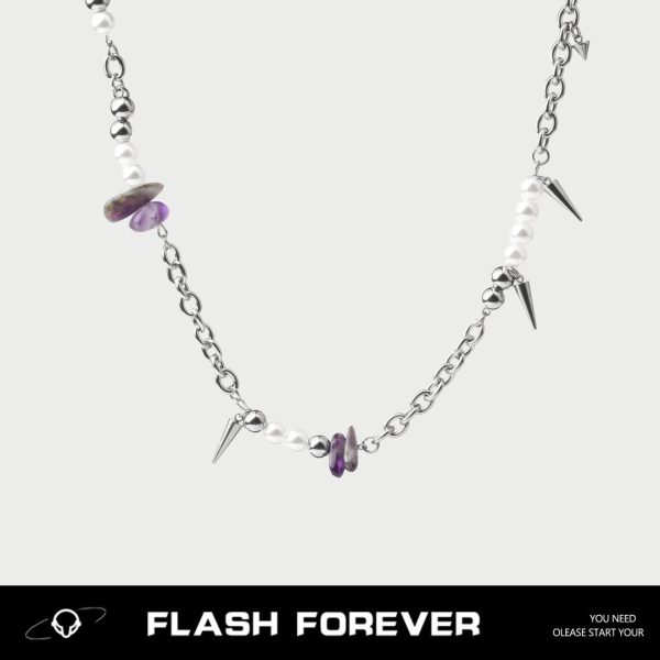 FLASHFOREVER Irregular Amethyst Pearl Willow Nail Necklace with Male and Female Design Sense Titanium Steel Lock Chain