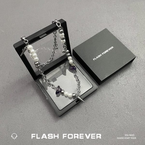 FLASHFOREVER Irregular Amethyst Pearl Willow Nail Necklace with Male and Female Design Sense Titanium Steel Lock Chain - 图片 5