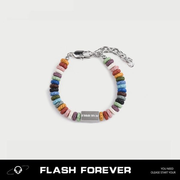 FLASHFOREVER Rainbow Volcanic Stone Couple Bracelet, a pair of titanium steel block letters, men's and women's gift trendy decoration