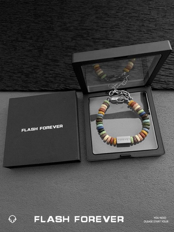 FLASHFOREVER Rainbow Volcanic Stone Couple Bracelet, a pair of titanium steel block letters, men's and women's gift trendy decoration - 图片 2