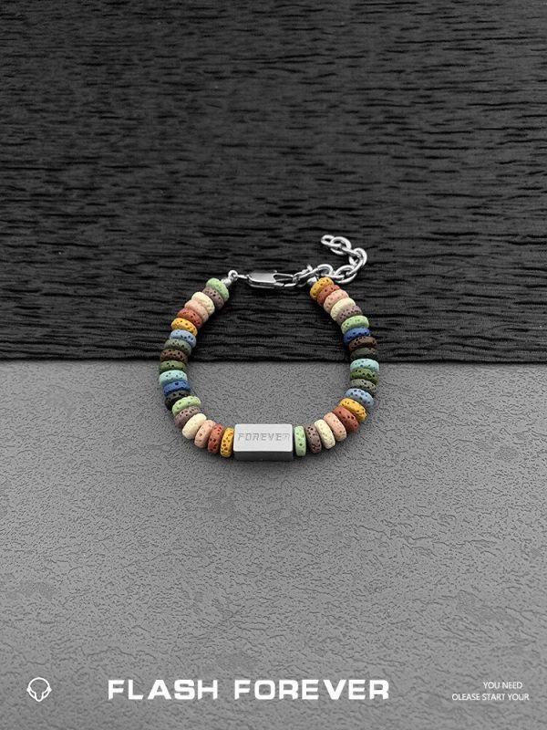 FLASHFOREVER Rainbow Volcanic Stone Couple Bracelet, a pair of titanium steel block letters, men's and women's gift trendy decoration - Image 3