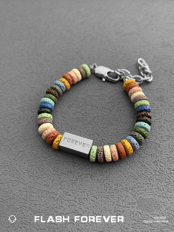 FLASHFOREVER Rainbow Volcanic Stone Couple Bracelet, a pair of titanium steel block letters, men's and women's gift trendy decoration - 图片 4