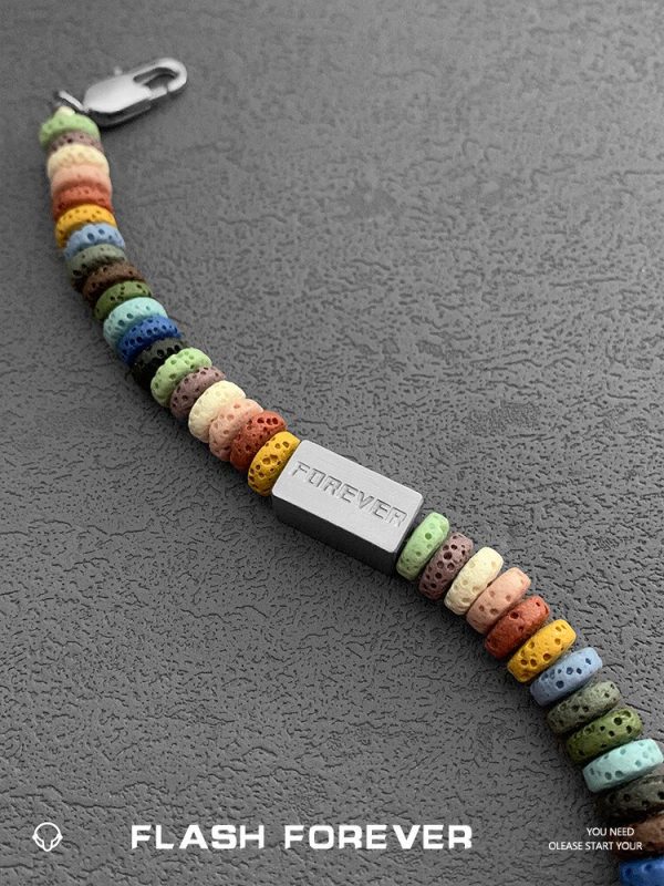 FLASHFOREVER Rainbow Volcanic Stone Couple Bracelet, a pair of titanium steel block letters, men's and women's gift trendy decoration - 图片 5