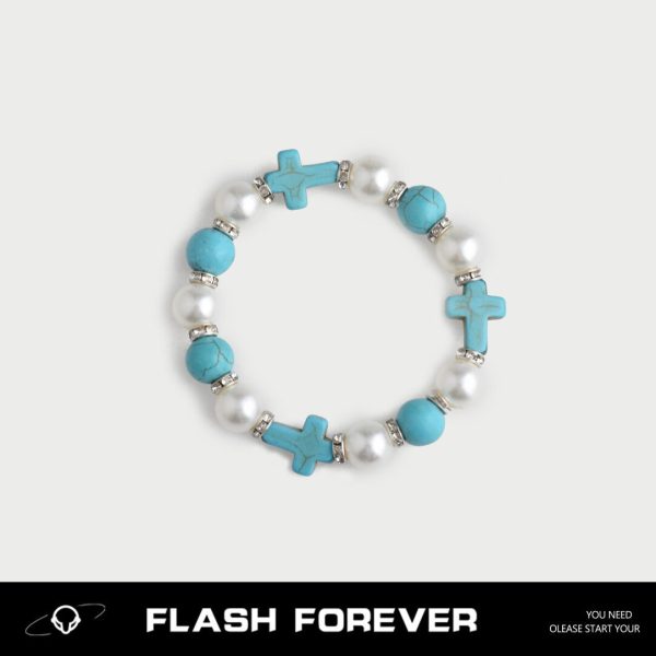 FLASHFOREVER Retro Green Pine Cross Pearl Bracelet for Male and Female Ins Couple Personalized Accessories Trend