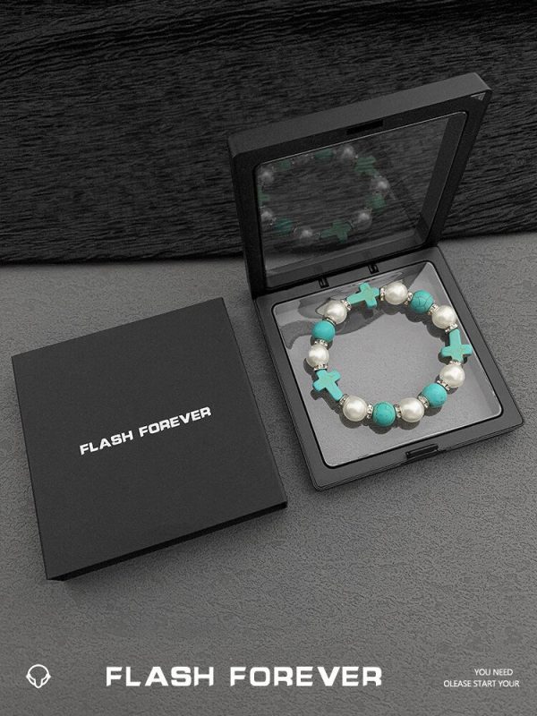 FLASHFOREVER Retro Green Pine Cross Pearl Bracelet for Male and Female Ins Couple Personalized Accessories Trend - 图片 2