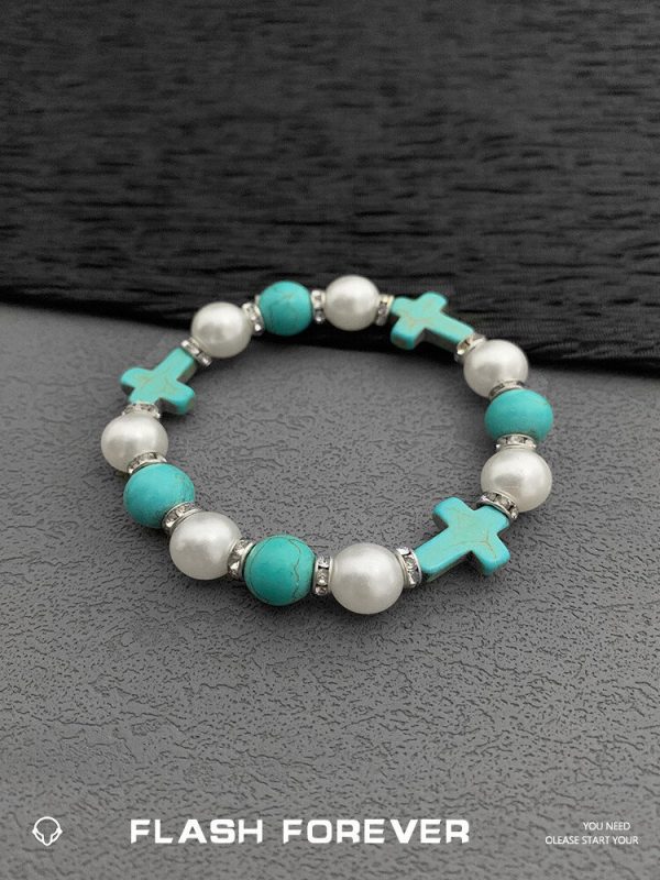 FLASHFOREVER Retro Green Pine Cross Pearl Bracelet for Male and Female Ins Couple Personalized Accessories Trend - Image 3