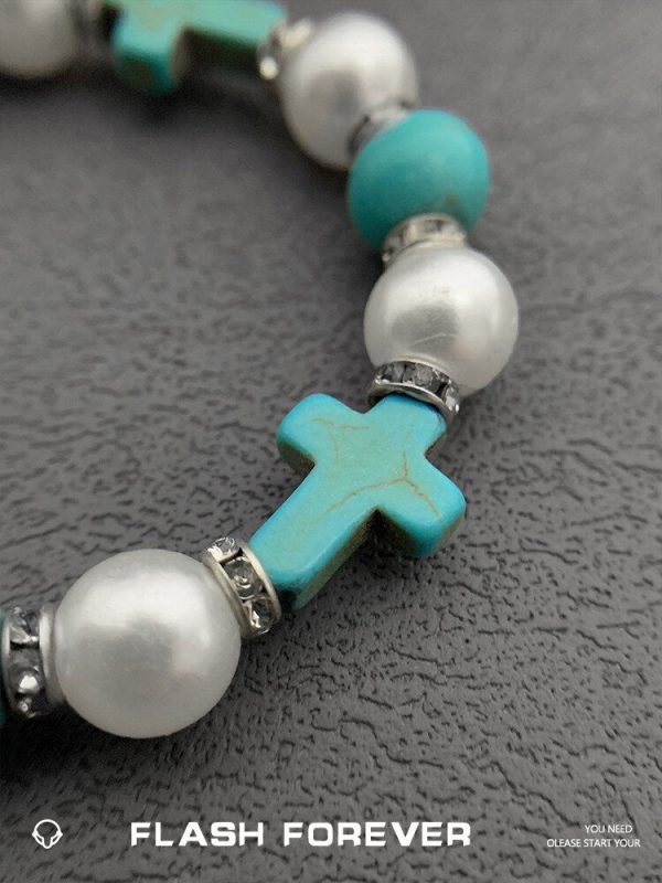 FLASHFOREVER Retro Green Pine Cross Pearl Bracelet for Male and Female Ins Couple Personalized Accessories Trend - 图片 5