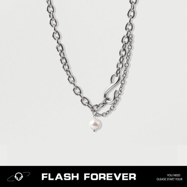 FLASHFOREVER Cold Style S Buckle Pearl Pendant Necklace for Men and Women with High Quality Splicing Titanium Steel Lock Chain